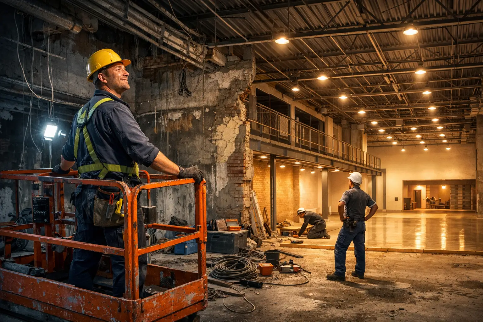 technician installing industrial lighting on lift