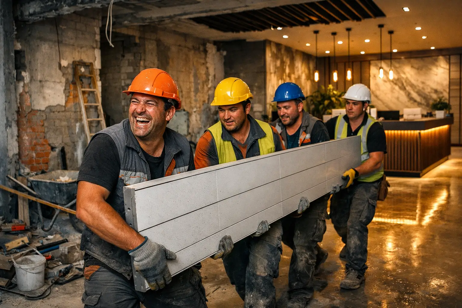 team carrying large panel during interior work