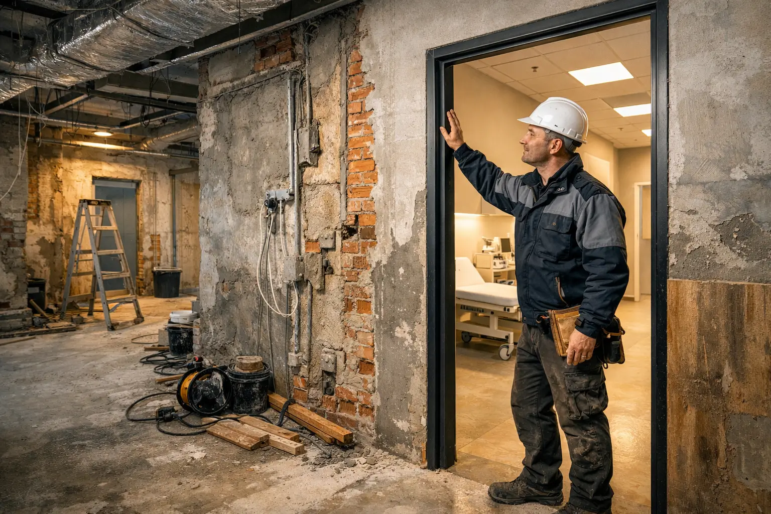 engineer checking installed door frame in clinic