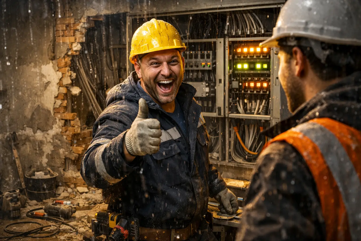 electrician celebrating system startup success