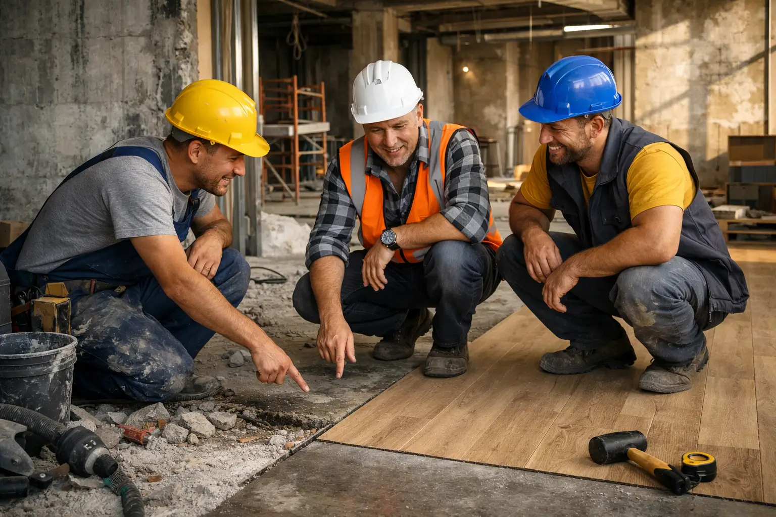workers discussing newly installed floor section