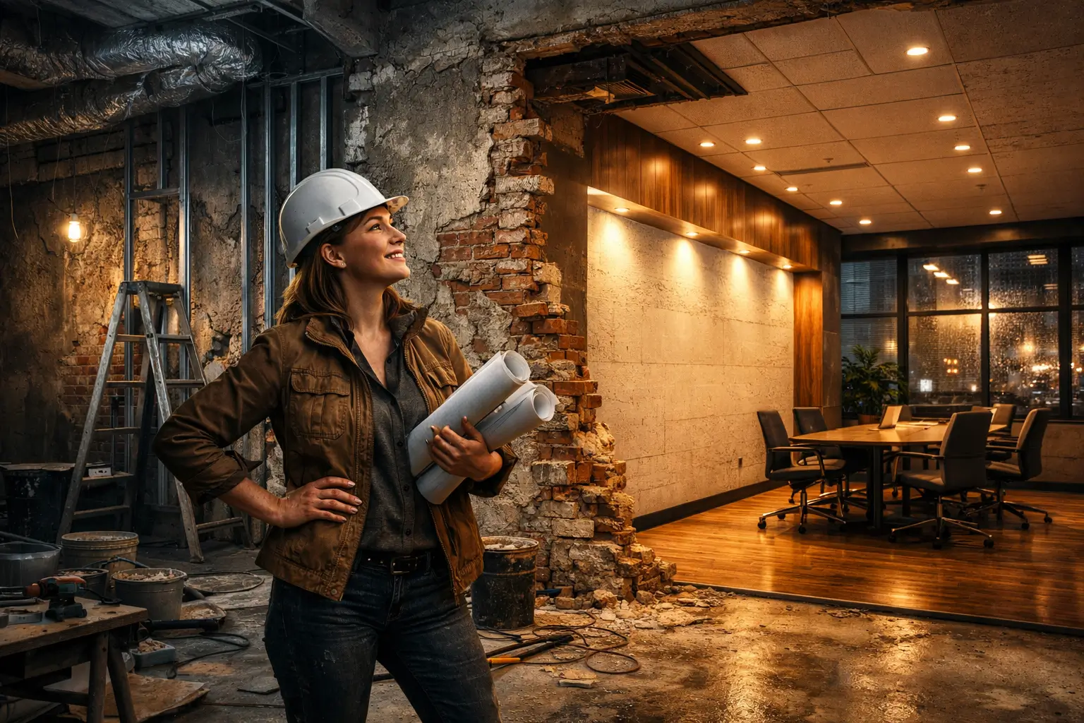 architect looking at finished wall section in office