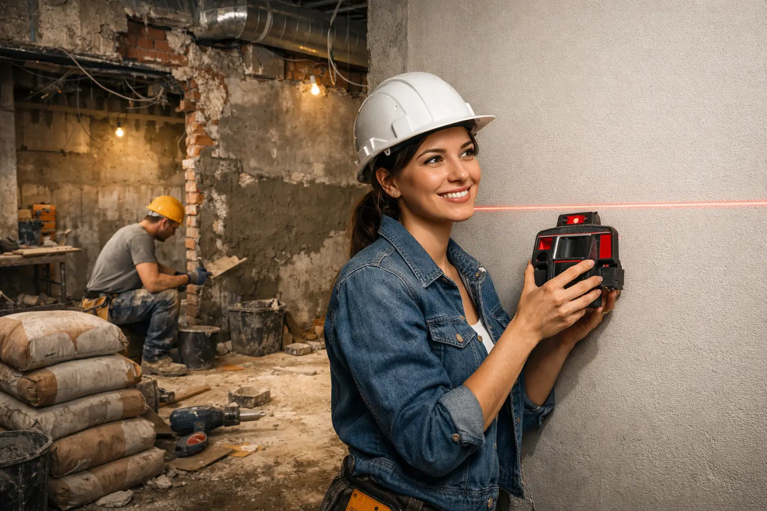 engineer checking wall alignment with laser level
