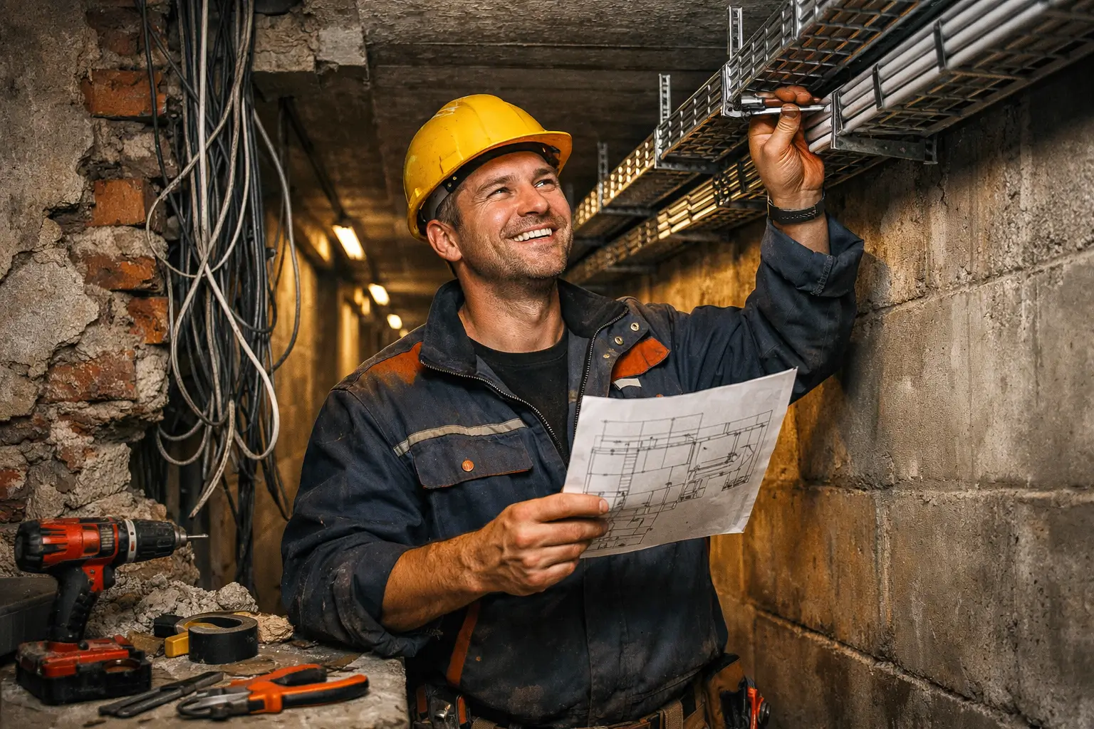 technician installing cable tray in office corridor