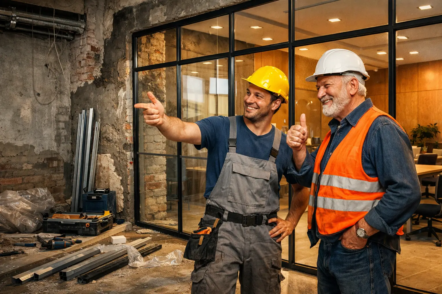 foreman approving installed glass partition