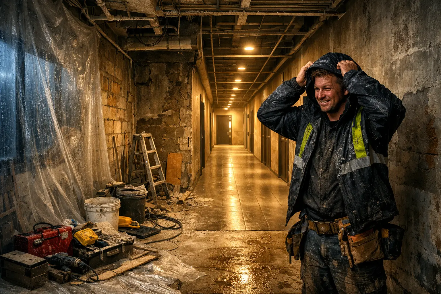 worker observing finished corridor tiling section