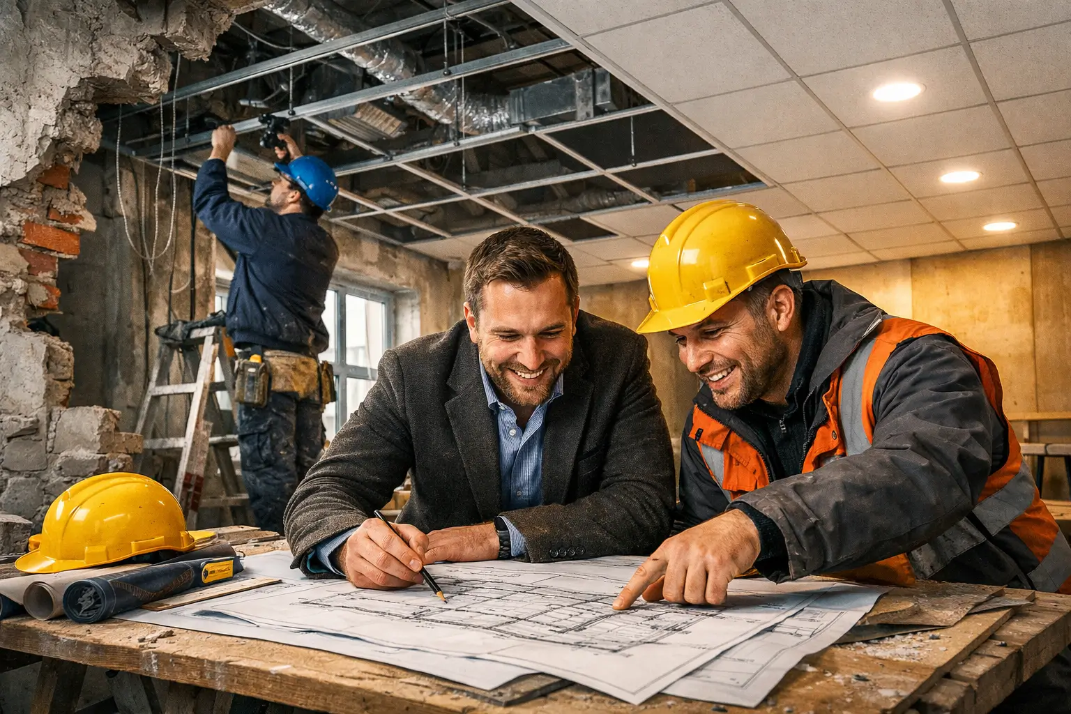 architect and foreman reviewing ceiling installation plan
